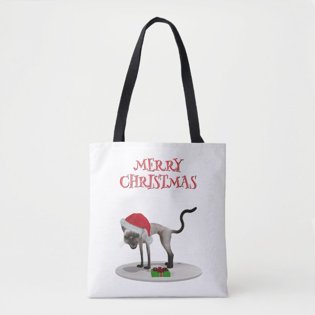 Bolsa Tote Feliz Natal. Gato com chapéu de Papai Noel (Frente)