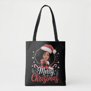 Bolsa Tote Feliz Natal Menina Africana Negra Chapéu de Papai 