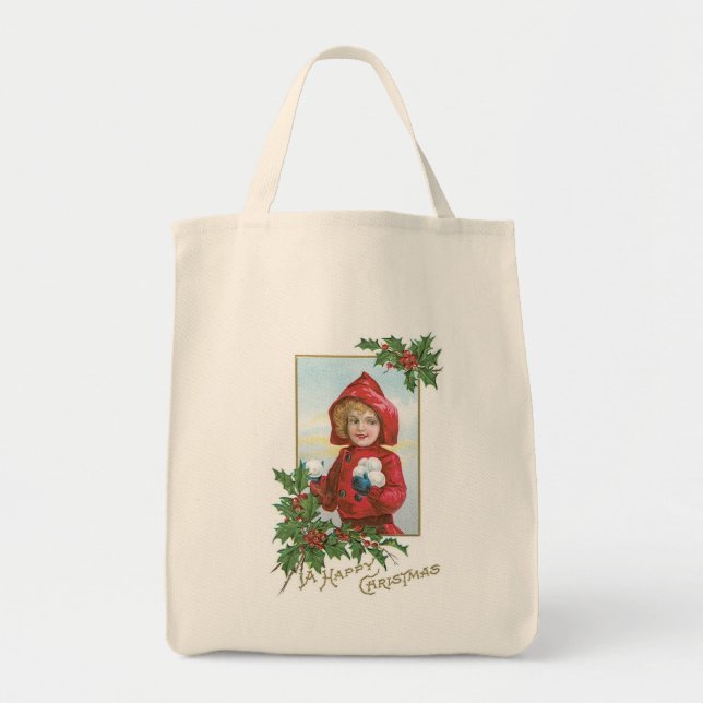 Bolsa Tote Feliz Natal Menina com Bolas de Neve (Frente)