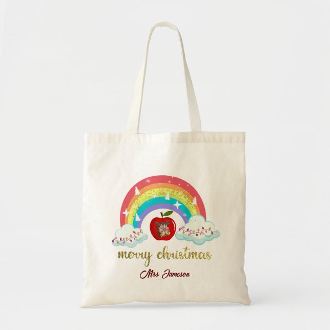 Bolsa Tote Feliz Natal Nome de Professor Personalizado Presen (Frente)