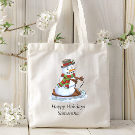 Bolsa Tote Feliz Natal Nome Personalizado Snowman Sleding