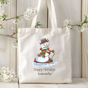 Bolsa Tote Feliz Natal Nome Personalizado Snowman Sleding