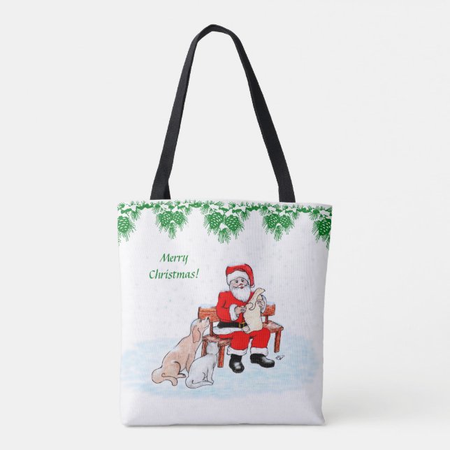 Bolsa Tote Feliz Natal - Papai Noel com Gato e Cachorro (Verso)