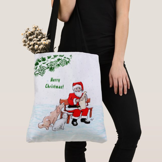 Bolsa Tote Feliz Natal! Papai Noel com Gato e Cão (Close Up)