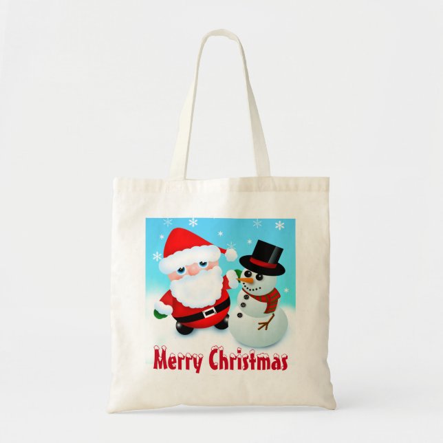 Bolsa Tote Feliz Natal, Papai Noel e Boneco de Neve (Frente)