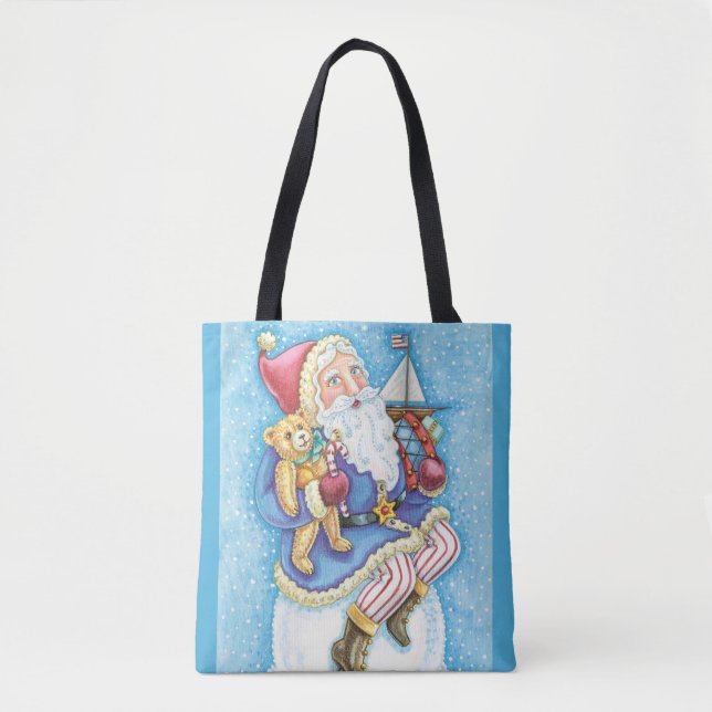 Bolsa Tote Feliz Natal, Papai Noel em Snowball com Brinquedos (Frente)