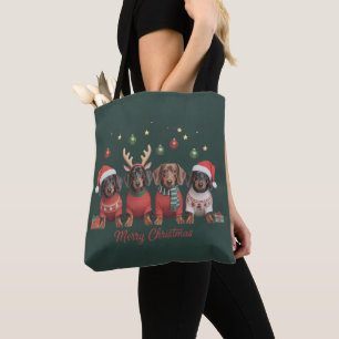 Bolsa Tote Feliz Natal Papai Noel Rena Dachshund Salsicha 