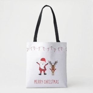 Bolsa Tote Feliz Natal Papai Noel Rudolph Candy Canes