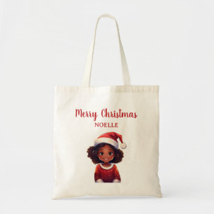 Bolsa Tote Feliz Natal! Pequena Menina Negra Santa Hat