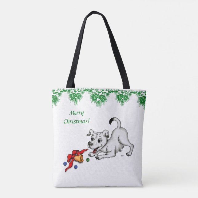 Bolsa Tote Feliz Natal! Puppy com Bell e Ball (Verso)
