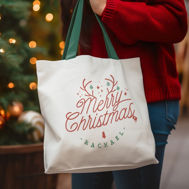 Bolsa Tote Feliz Natal Red Green Reindeer Personalizado (Merry Christmas Red Green Personalized Reindeer Tote Bag)