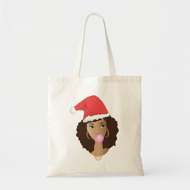 Bolsa Tote Feliz Natal Santa Hat, Mulher Negra, Bubblegum (Frente)
