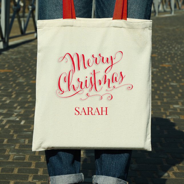 Bolsa Tote Feliz Natal - Script de Caligrafia Vermelho (Criador carregado)