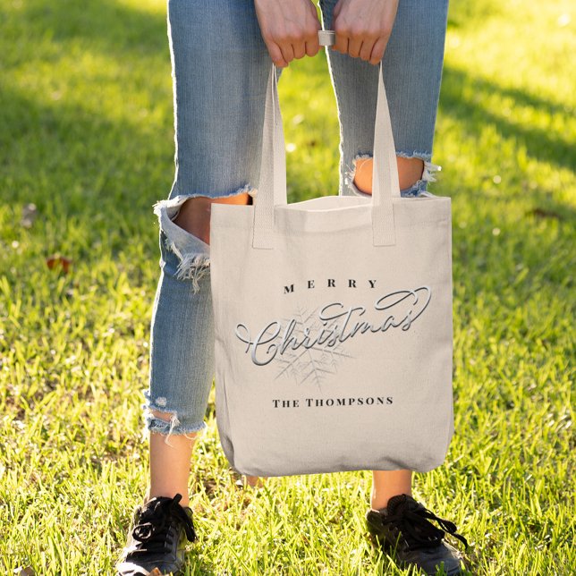 Bolsa Tote Feliz Natal Simples Caligrafia Floco de Neve (Merry Christmas silver snowflake calligraphy script tote bag
)
