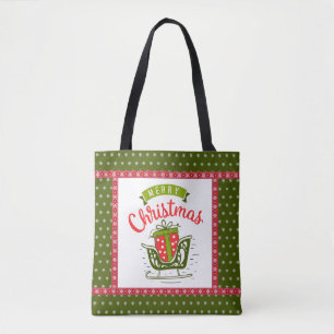 Bolsa Tote Feliz Natal Trenó Festivo Vermelho Verde Floco de 