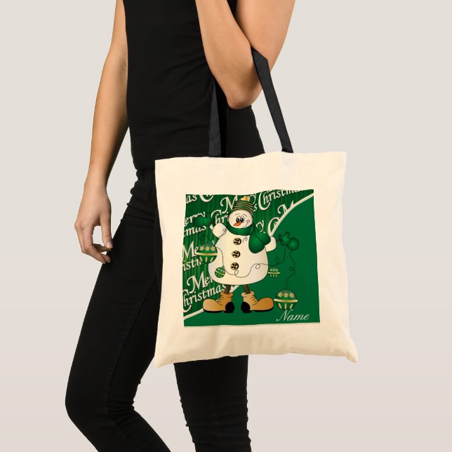 Bolsa Tote Feliz Natal Verde Snowman (Frente (produto))
