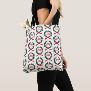 Bolsa Tote Feliz Natal Vintage Holly Wreath