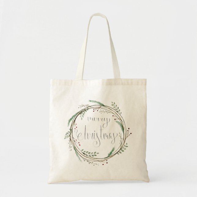 Bolsa Tote Feliz Natal Watercolor Wreath (Frente)