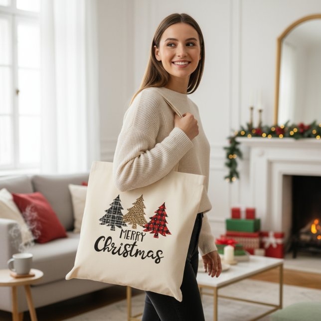 Bolsa Tote Feliz Natal Xadrez Árvores de Natal (Criador carregado)