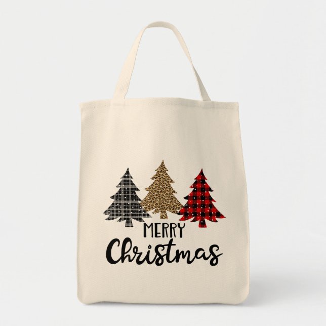 Bolsa Tote Feliz Natal Xadrez Árvores de Natal (Frente)