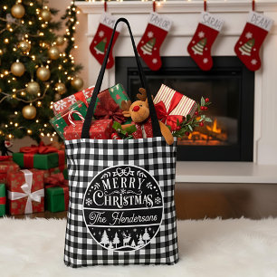 Bolsa Tote Feliz Natal Xadrez Búfalo Preto e Branco Personali
