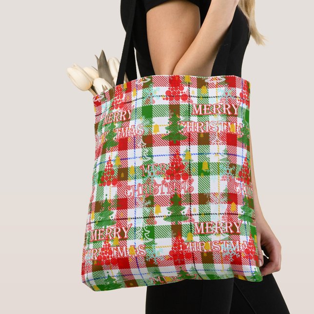 Bolsa Tote Feliz Natal Xadrez Decorativa Tartan (Criador carregado)