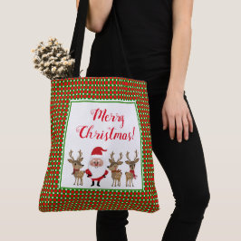 Bolsa Tote Feliz Natal Xadrez Red Green Papai Noel