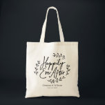 Bolsa Tote Feliz Nunca Após Casamento Personalizado<br><div class="desc">Bolsa de presente de casamento que apresenta as palavras felizes para sempre em um roteiro único circulado por simples folhas de louros com nomes e data de casamento para você personalizar.</div>