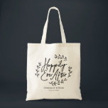 Bolsa Tote Feliz Nunca Após Casamento Personalizado<br><div class="desc">Bolsa de presente de casamento que apresenta as palavras felizes para sempre em um roteiro único circulado por simples folhas de louros com nomes e data de casamento para você personalizar.</div>