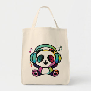 Bolsa Tote Feliz Panda com fones de ouvido ouvindo música.
