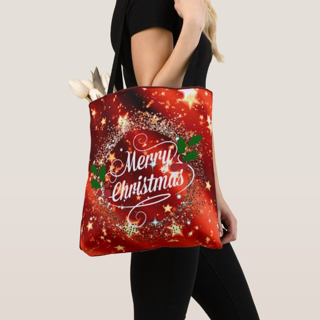 Bolsa Tote Feliz pardal de Natal e vermelho brilhante (Close Up)
