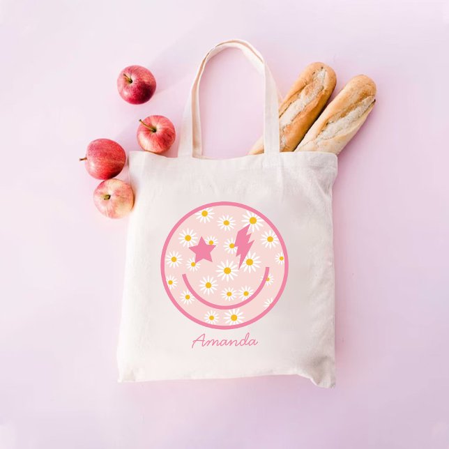Bolsa Tote Feliz rosto Pastel Rosa Daisy Tote Bag para ela (Happy Face Pastel Pink Daisy Tote Bag for her)