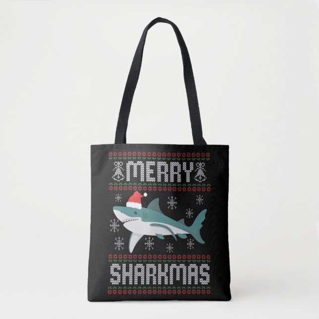 Bolsa Tote Feliz Sharkmas Engraçado Tubarão de Natal Feio (Frente)