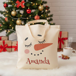Bolsa Tote Feliz Snowman Face Personalizado Nome Feriado