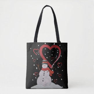 Bolsa Tote Feliz Snowman na neve com corações.