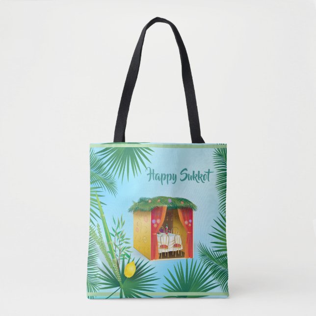 Bolsa Tote Feliz Sukkot Lulav e Etrog Watercolor Padrão (Frente)