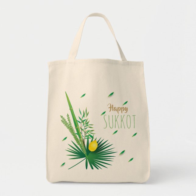 Bolsa Tote Feliz Sukkot Lulav e Etrog Watercolor Patterno (Frente)
