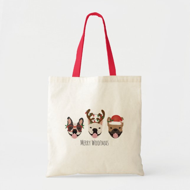 Bolsa Tote Feliz Woofmas Bolsas Francesas Cabeças de Natal (Frente)