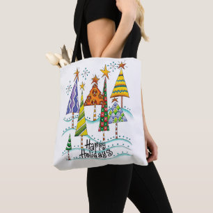 Bolsa Tote Felizes Festas! Árvores de Natal Fofo com Estrelas
