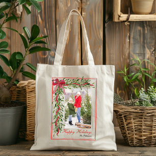 Bolsa Tote Felizes Festas Foto da Família com Laço Vermelho e