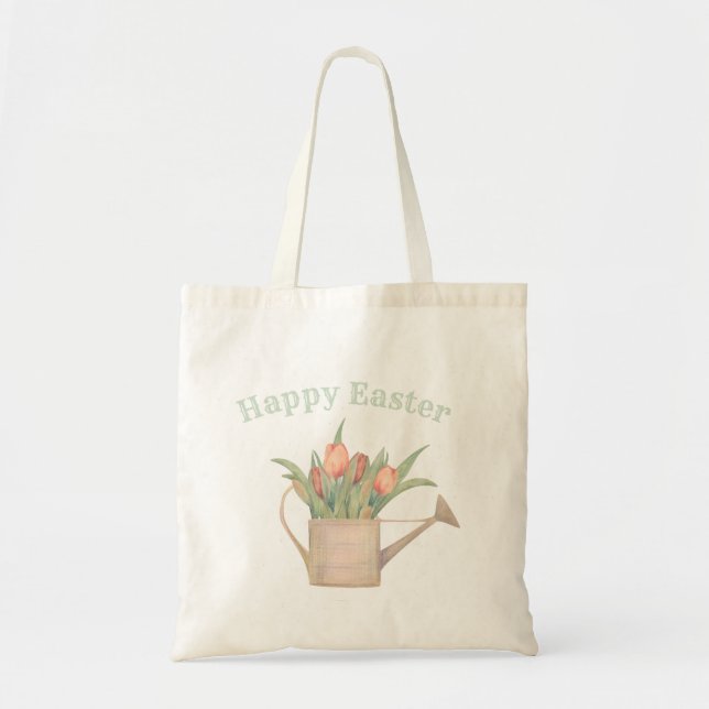 Bolsa Tote Felz pascoa, lata de abeberamento com flores de pr (Frente)
