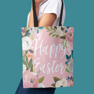 Bolsa Tote Felz pascoa Rosa Floral   Caça De Ovos De Páscoa