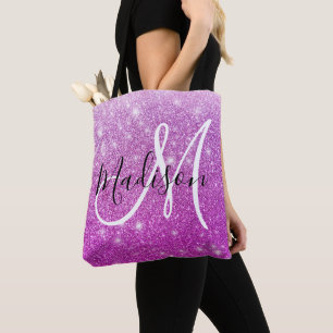 Bolsa Tote Feminino & Glam Nome Monograma com Brilho Roxo