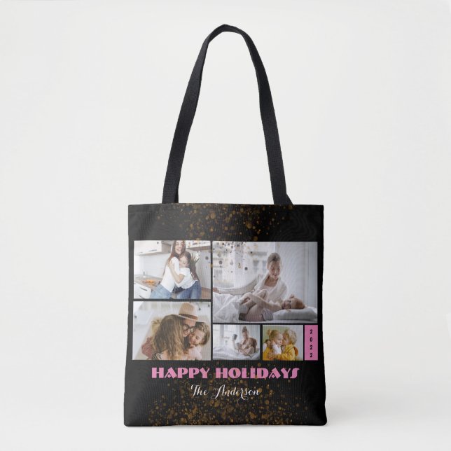 Bolsa Tote Feriado de 5 Fotografias, Rosa e Preto, Personaliz (Frente)