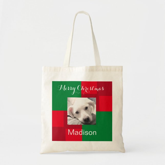 Bolsa Tote Feriado de Foto de Cachorro Vermelho e Verde (Frente)