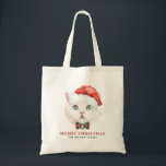 Bolsa Tote Feriado de Gato de Ar Curto Britânico da Watercolo<br><div class="desc">Feliz e brilhante! Celebrar as férias com este saco de tote de gato fofo. Apresenta ilustrações de aquarela de um gato branco britânico Shorthair vestindo um chapéu de Papai Noel e uma gravata de arco de Natal. Personalize adicionando nomes, datas ou mensagens. Este saco branco de tote de Shorthair britânico...</div>