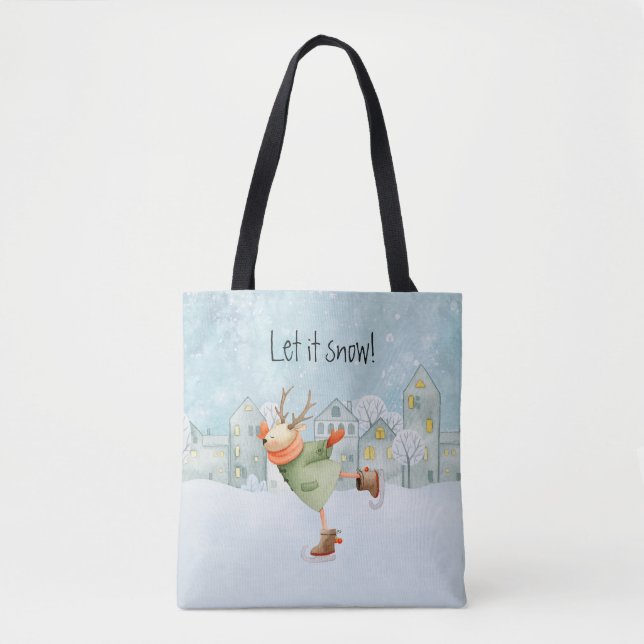 Bolsa Tote Feriado de inverno em cervo de patinação Whimsical (Frente)