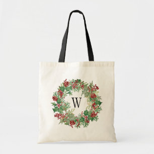 Bolsa Tote Feriado Inicial de Watercolor Holly Wreath Monogra