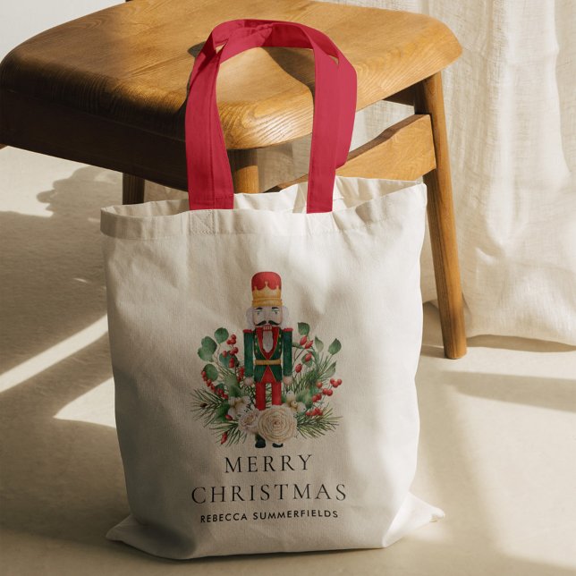 Bolsa Tote Feriados de Natal, família Nutcracker (Christmas Nutcracker Greenery Red Berries Red Handles Tote Bag)