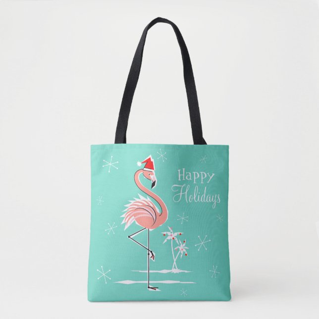 Bolsa Tote Feriados Felizes de Natal Flamingo por toda a bols (Frente)